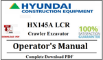 Hyundai HX145A LCR Crawler Excavator Operator's Manual Official Complete PDF Download