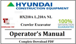 Hyundai HX210A L, 210A NL Crawler Excavator Operator's Manual Official Complete PDF Download
