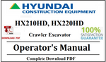 Hyundai HX210HD, HX220HD Crawler Excavator Operator's Manual Official Complete PDF Download