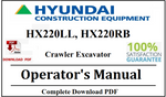 Hyundai HX220LL, HX220RB Crawler Excavator Operator's Manual Official Complete PDF Download