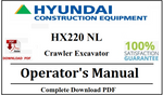 Hyundai HX220 NL Crawler Excavator Operator's Manual Official Complete PDF Download