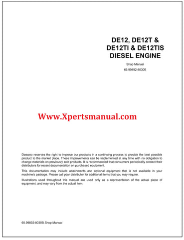 Daewoo Motor DE12, DE12T, DE12TI &amp; DE12TIS Diesel Engine Service Shop Manual Official Complete PDF Download