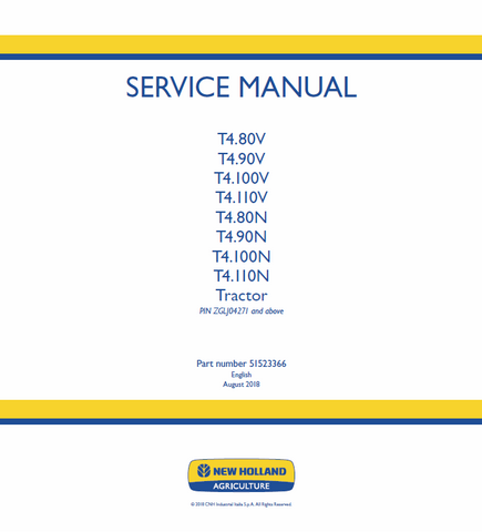 New Holland T4.80V T4.90V T4.100V T4.110V T4.80N T4.90N T4.100N T4.110N Tractor Service Repair Manual PDF Download