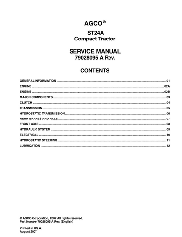 Instant Download AGCO ST24A Compact Tractor Service Manual