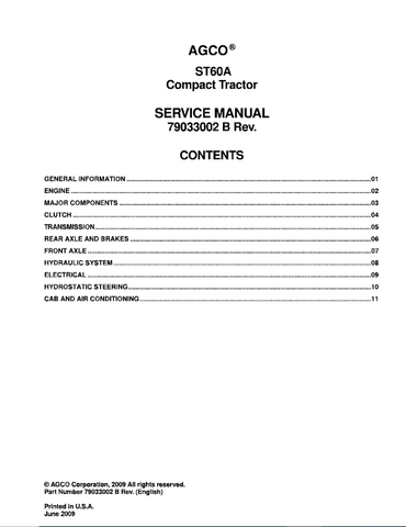 Instant Download AGCO ST60A Compact Tractor Service Repair Manual