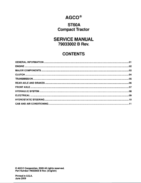 Instant Download AGCO ST60A Compact Tractor Service Repair Manual ...