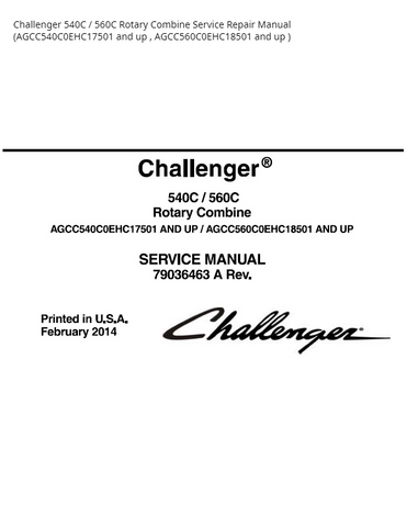 Challenger 540C / 560C Rotary Combine PDF DOWNLOAD Service Repair Manual