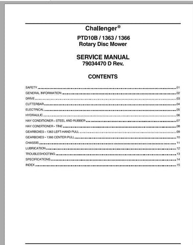 Challenger PTD10B/1363/1366 Rotary Disc Mower PDF DOWNLOAD Workshop Service Repair Manual