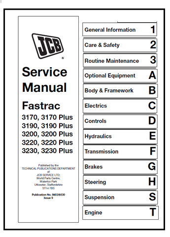 JCB 3170, 3170 Plus, 3190, 3190 Plus, 3220, 3220 Plus Fastrac Tractor PDF Service Repair Manual