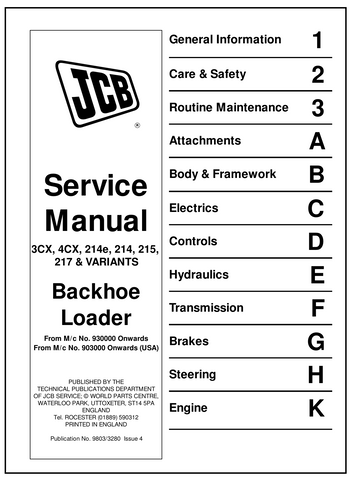 JCB 3CX, 4CX, 214e, 214, 215, 217 & Variants Backhoe Loader BEST PDF Service Repair Manual