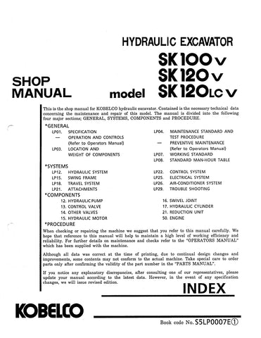 Kobelco SK100 V, SK120 V, SK120LC V Crawler Excavator BEST PDF Service Repair Shop Manual