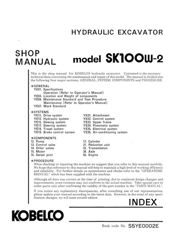 Kobelco SK100W-2 Wheel Excavator BEST PDF Service Repair Shop Manual (SN :YE02001 )