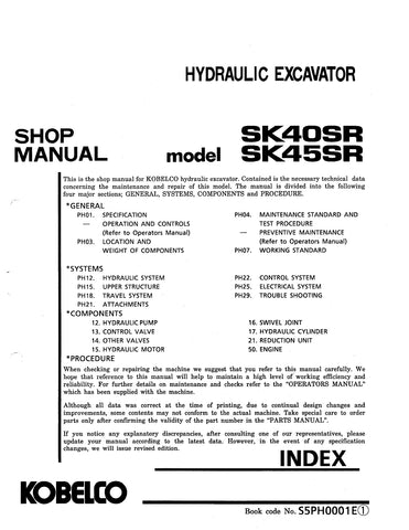 Kobelco SK40SR, SK45SR Mini Excavator BEST PDF Service Repair Shop Manual