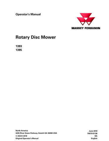 Massey Ferguson 1393, 1395 Rotary Disc Mower Operator's Manual