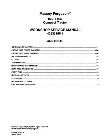 Massey Ferguson 1635, 1643 Compact Tractor Workshop Service Repair Manual