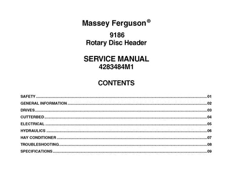 Massey Ferguson 9186 Rotary Disc Mower Header Workshop Service Repair Manual