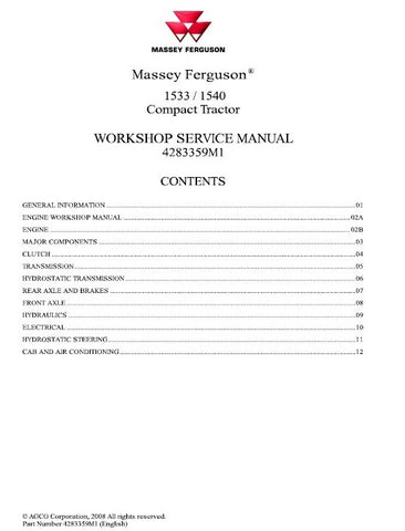 Download Massey Ferguson MF 1533, 1540 Compact Tractor Best PDF Workshop Service Manual