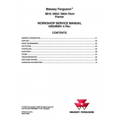 Massey Ferguson MF 8816, 8824, 8824-70CM Planter Workshop Service Repair Manual