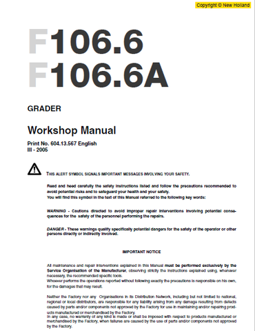 New Holland F106.6 and F106.6A Grader Service Repair Manual PDF Download
