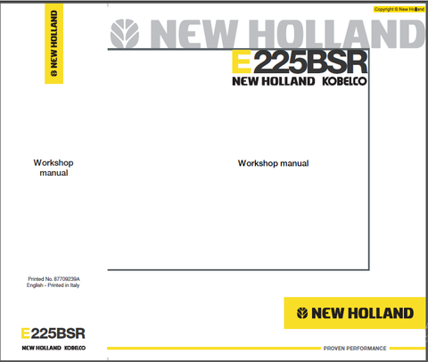 New Holland Kobelco E225BSR Hydraulic Excavator Service Repair Manual PDF Download