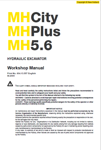 New Holland MH5.6, MH City and MH Plus Excavator Service Repair Manual PDF Download