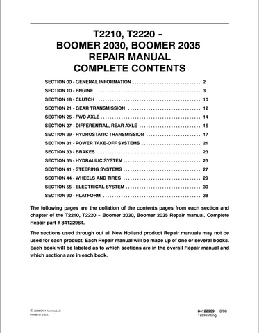 New Holland T2210, T2220, Boomer 2030, 2035 Tractor Service Repair Manual PDF Download