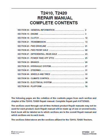 New Holland T2410, T2420 Tractor Service Repair Manual PDF Download