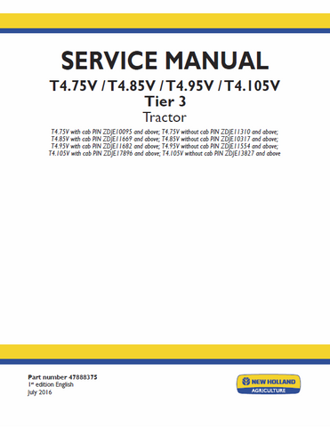 New Holland T4.75V, T4.85V, T4.95V, T4.105V Tier 3 Tractor Service Repair Manual PDF Download