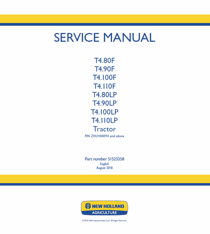New Holland T4.80F, T4.90F, T4.100F, T4.110F, T4.80LP, T4.90LP, T4.100LP, T4 .110LP Tractor Service Repair Manual PDF Download