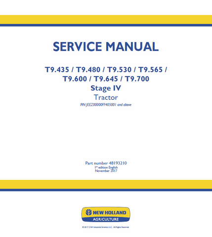 New Holland T9.435, T9.480, T9.530, T9.565, T9.600, T9.645, T9.700 Stage 4 Tractor Service Repair Manual PDF Download