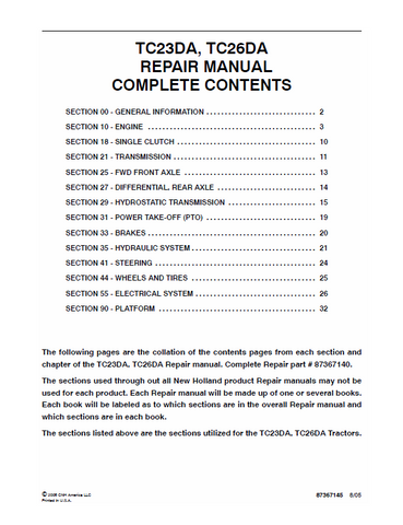 New Holland TC23DA, TC26DA Tractor Service Repair Manual PDF Download