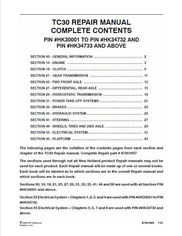 New Holland TC30 Tractor Service Repair Manual PDF Download