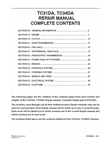New Holland TC31DA, TC34DA Tractor Service Repair Manual PDF Download