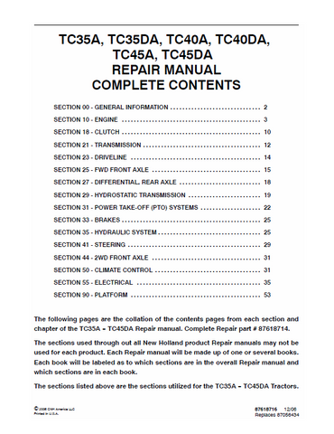 New Holland TC35A, TC35DA, TC40A, TC40DA, TC45A, TC45DA Tractor Service Repair Manual PDF Download