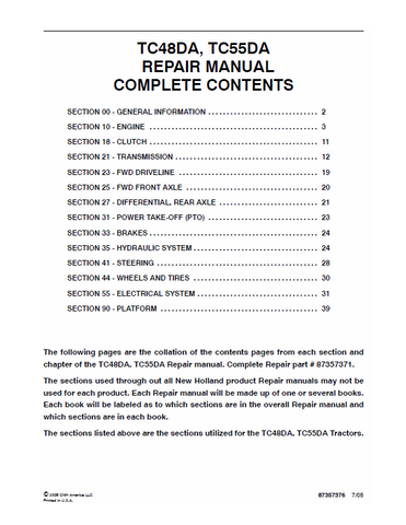 New Holland TC48DA, TC55DA Tractor Service Repair Manual PDF Download