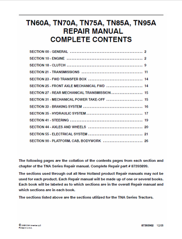 New Holland TN60A, TN70A, TN75A, TN85A, TN95A Tractor Service Repair Manual PDF Download