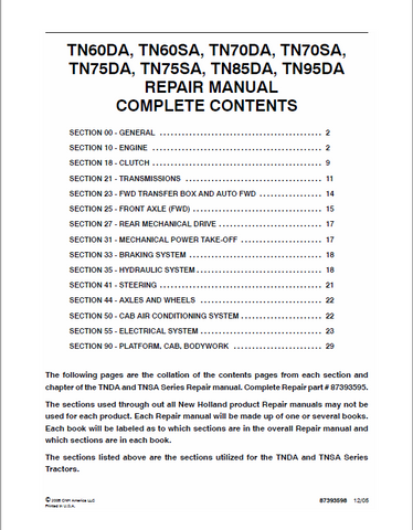 New Holland TN60DA, TN60SA, TN70DA, TN70SA, TN75DA, TN75SA, TN85DA, TN85SA, TN95DA Tractor Service Repair Manual PDF Download