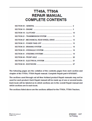 New Holland TT45A, TT50A Tractor Service Repair Manual PDF Download