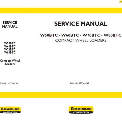 New Holland W50BTC, W60BTC, W70BTC, W80BTC Compact Wheel Loader Service Repair Manual PDF Download