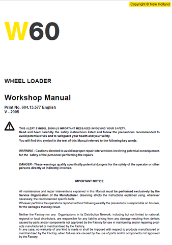 New Holland W60 Wheel Loader Service Repair Manual PDF Download