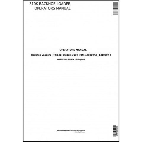 OMT281948 OPERATOR'S MANUAL - JOHN DEERE 310K BACKHOE LOADER (SN. FROM E219607-) DOWNLOAD