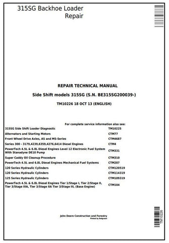 TM10226 SERVICE REPAIR TECHNICAL MANUAL - JOHN DEERE 315SG SIDE SHIFT LOADER (S.N. BE315SG200039-) DOWNLOAD