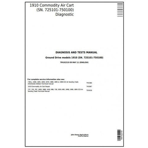 TM102319 DIAGNOSIS AND TESTS MANUAL - JOHN DEERE 1910 COMMODITY AIR CART (725101-750100) GROUND DRIVEN DOWNLOAD