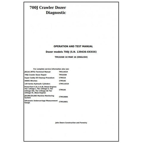 TM10268 DIAGNOSTIC OPERATION AND TESTS SERVICE MANUAL - JOHN DEERE 700J CRAWLER DOZER (S.N.FROM 139436) DOWNLOAD