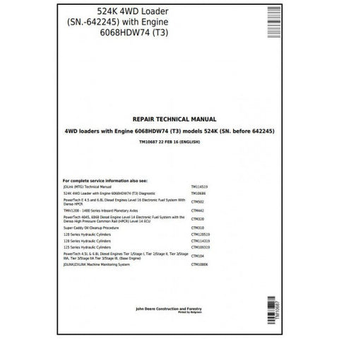 TM10687 SERVICE REPAIR TECHNICAL MANUAL - JOHN DEERE 524K 4WD LOADER (SN.BEFORE 642245) DOWNLOAD