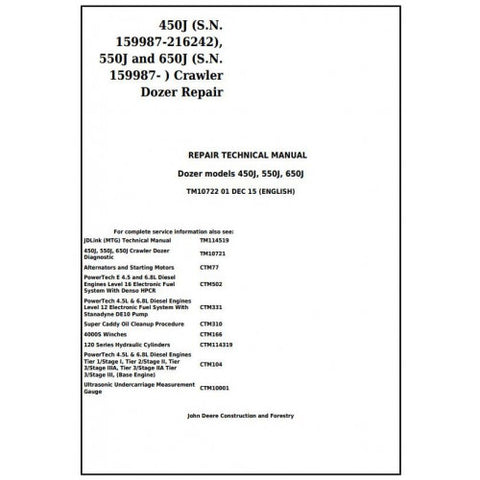 TM10722 SERVICE REPAIR TECHNICAL MANUAL - JOHN DEERE 450J 550J 650J (S.N.FROM 159987) CRAWLER DOZER DOWNLOAD