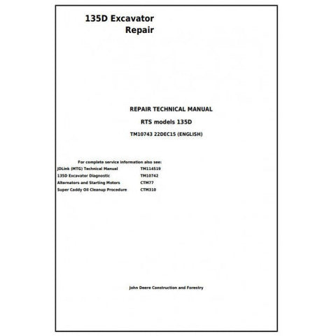 TM10743 SERVICE REPAIR TECHNICAL MANUAL - JOHN DEERE 135D RTS EXCAVATOR DOWNLOAD