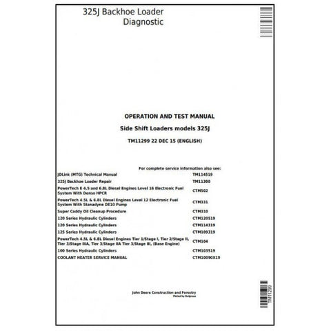 TM11299 DIAGNOSTIC OPERATION AND TESTS SERVICE MANUAL - JOHN DEERE 325J SIDE SHIFT LOADER DOWNLOAD