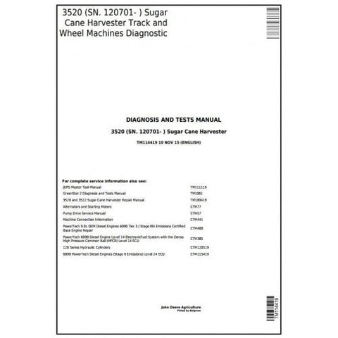 TM114419 DIAGNOSIS AND TESTS MANUAL - JOHN DEERE 3520 (SN.120701-) TRACK & WHEEL SUGAR CANE HARVESTER DOWNLOAD