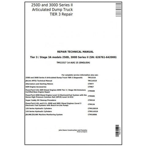 TM11517 SERVICE REPAIR TECHNICAL MANUAL - JOHN DEERE 250D, 300D SERIES 2 ARTICULATED DUMP TRUCK DOWNLOAD